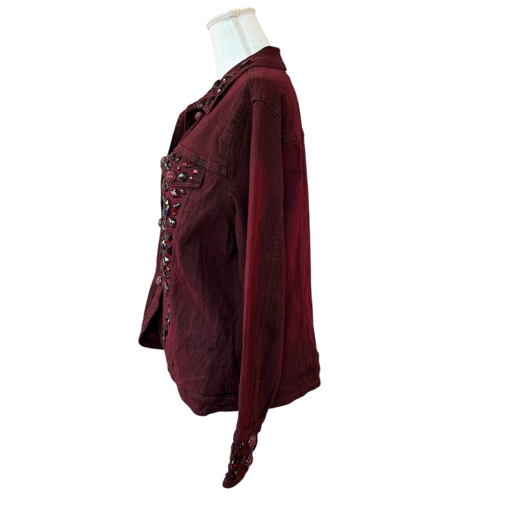 Diane Gilman DG2 Embellished Denim Jacket Burgundy Red Crystal Buttons Size L - Picture 4 of 11